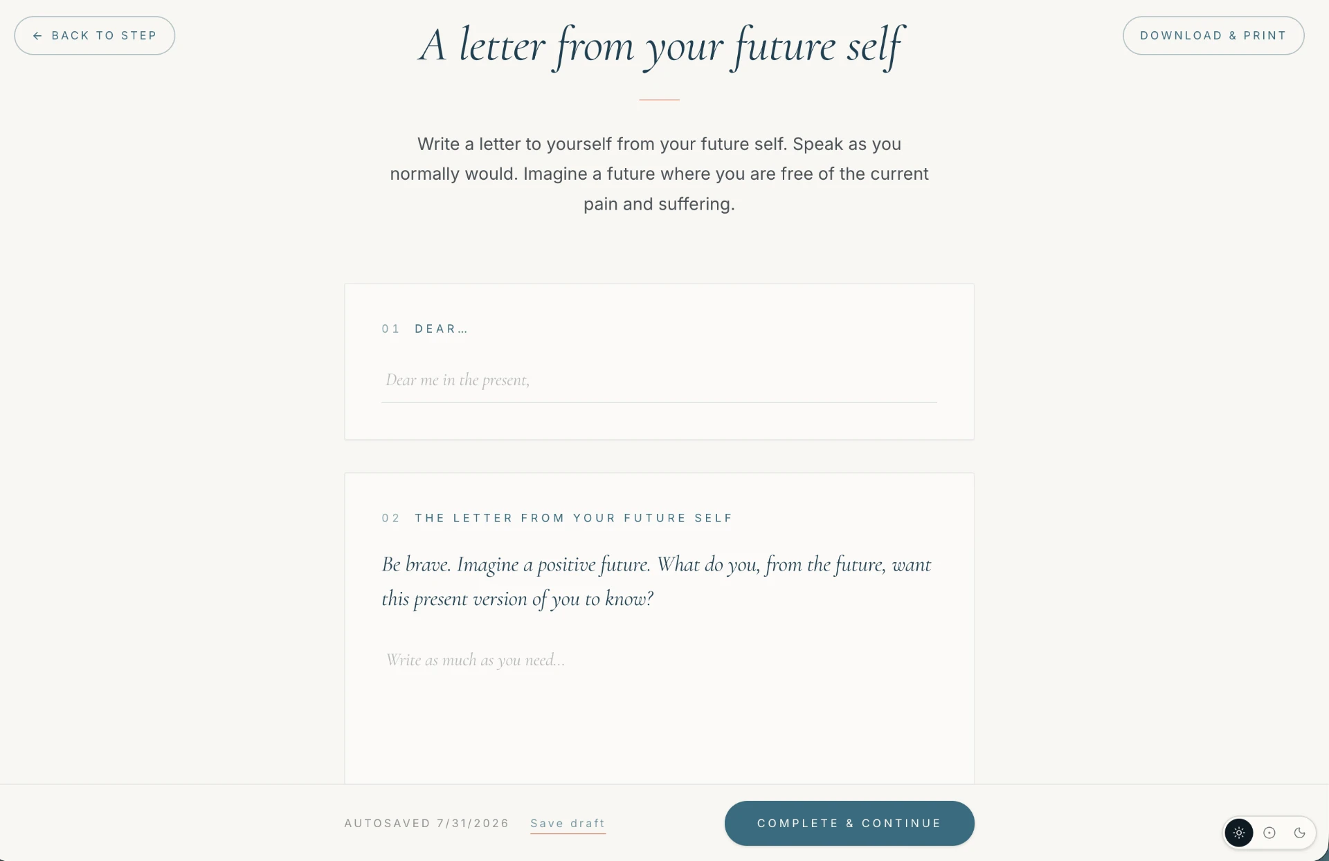A written reflection exercise open inside the membership