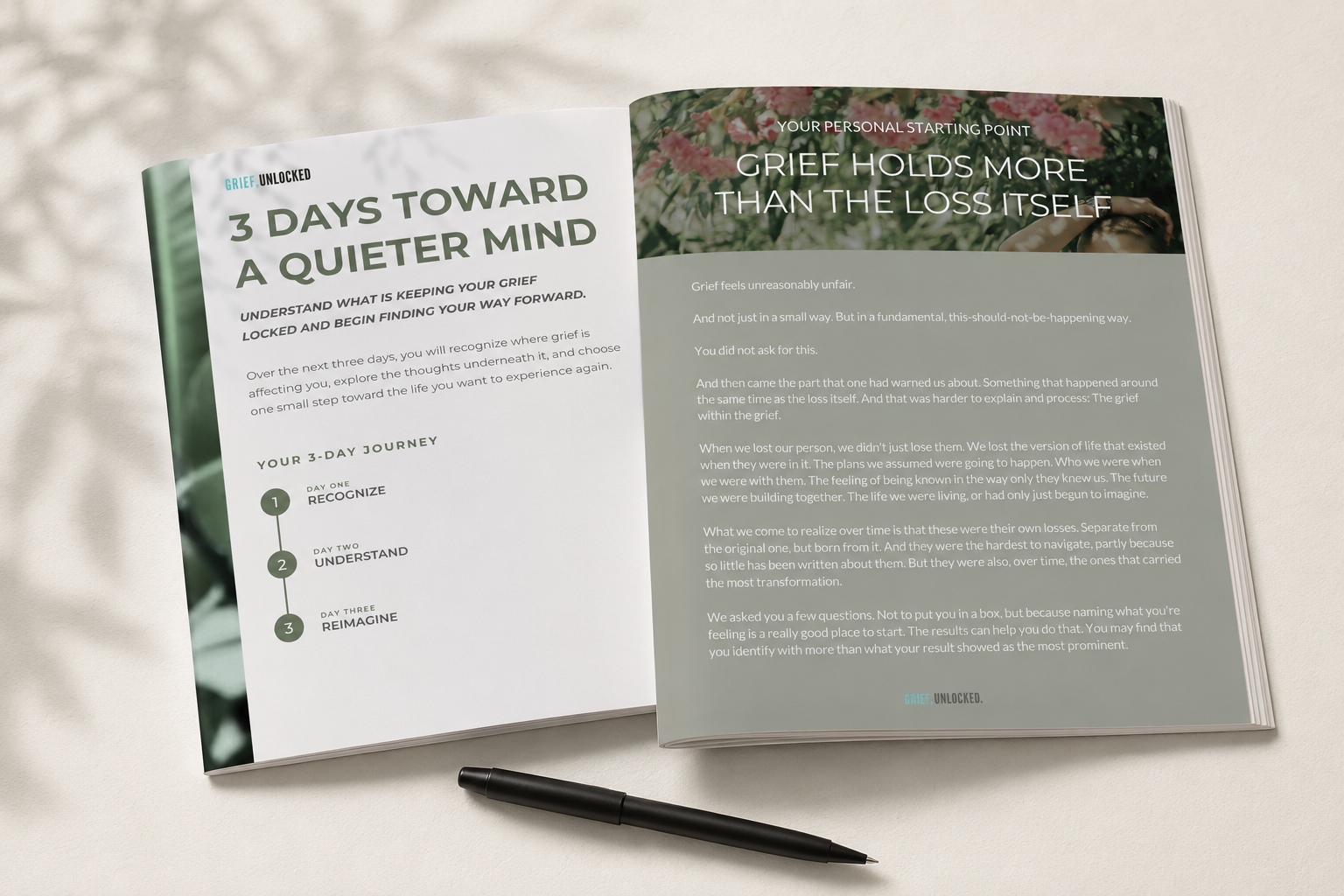 The 3 Days Toward a Quieter Mind workbook lying open beside a pen, showing its three steps: recognize, understand, reimagine