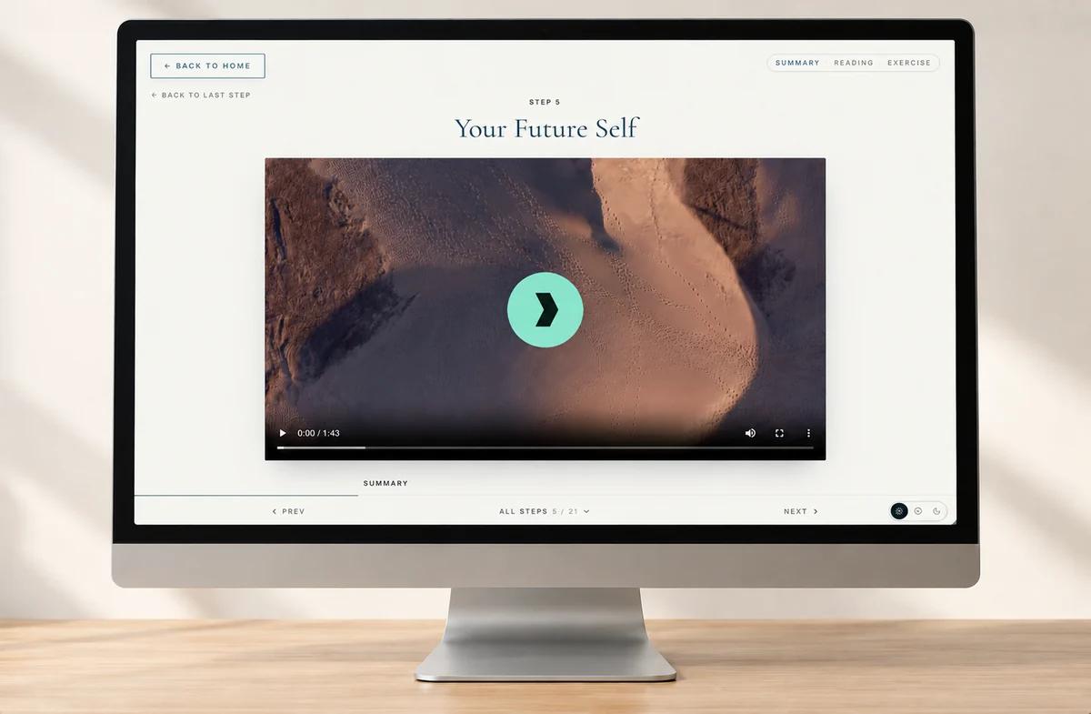 The Quieting Mind Method Your Future Self step on a desktop monitor with a turquoise play icon