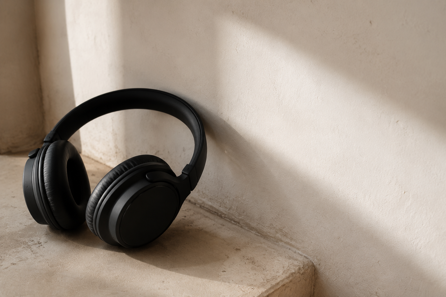 Headphones resting on a sunlit ledge