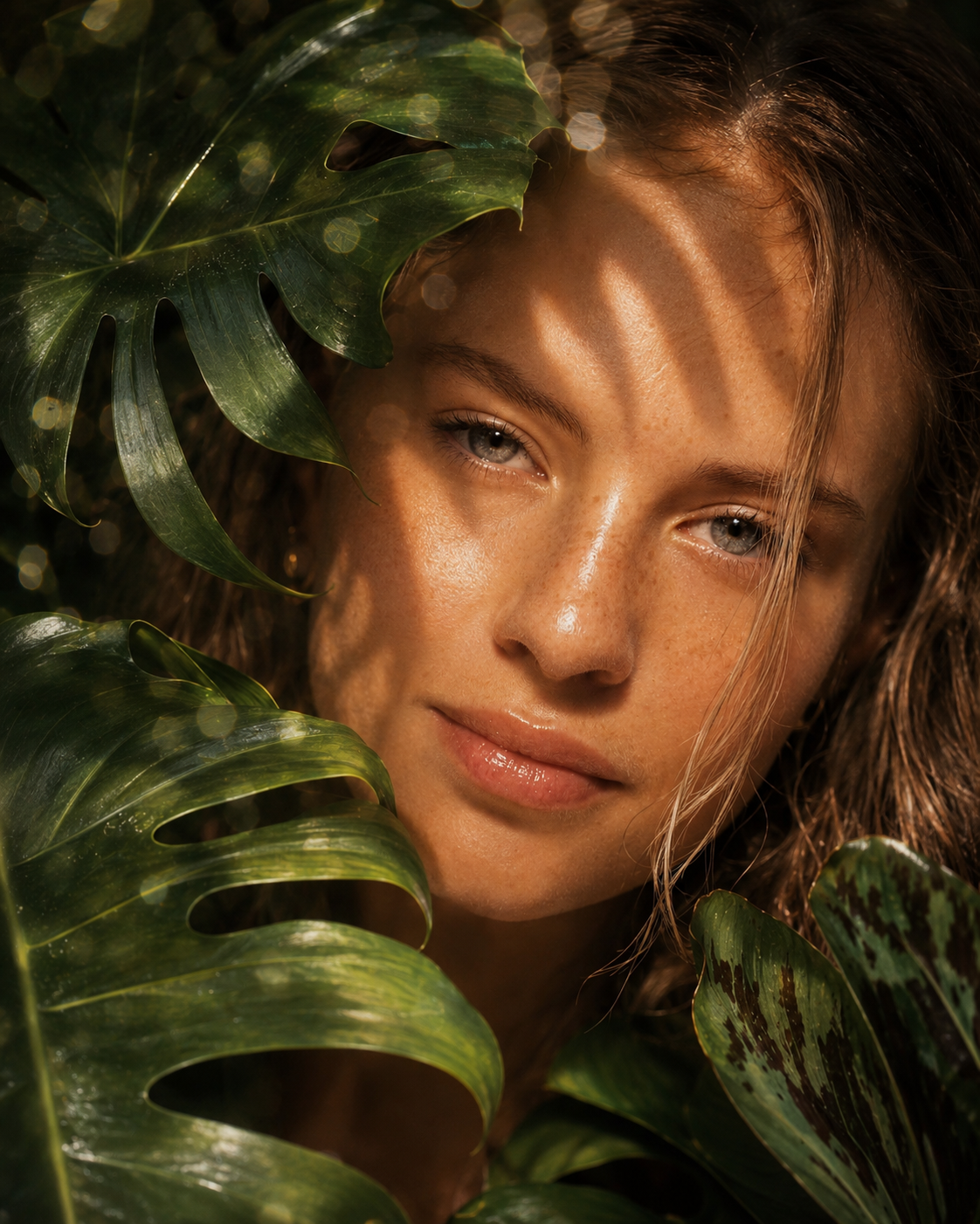 A young woman with freckles looks softly through dappled light and large green monstera leaves.