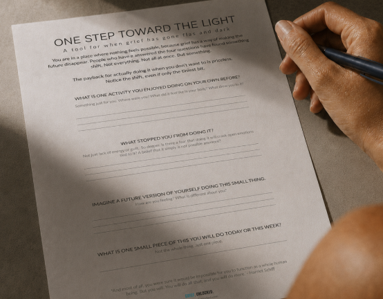 A printed One Step Toward the Light worksheet being filled in by hand