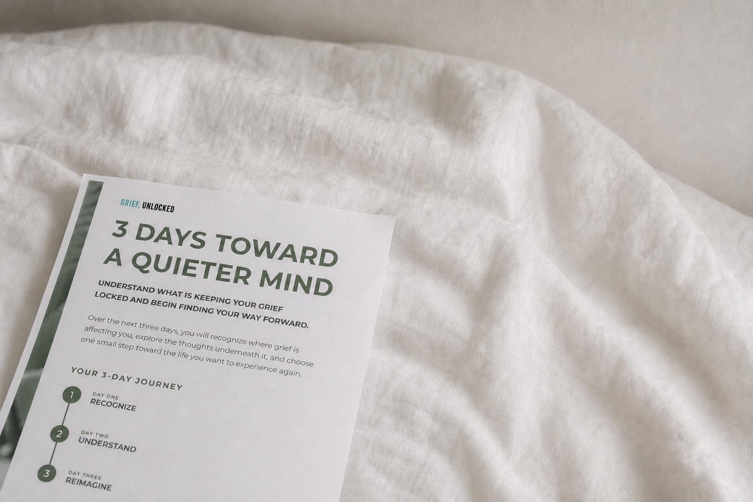 The 3 Days Toward a Quieter Mind workbook open on a soft surface
