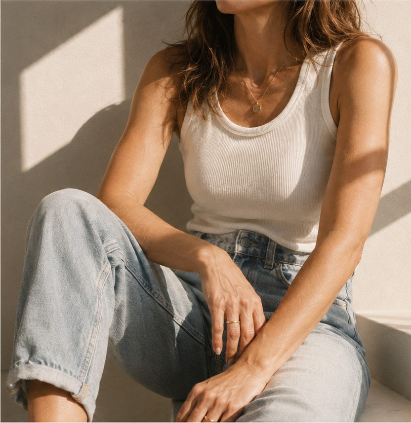 A woman sitting quietly in warm afternoon light